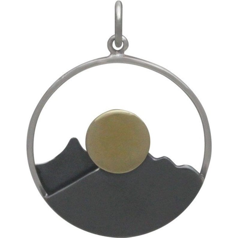 Small Charm Large Pendant Cheap Shipping Rates Sterling Silver Mountain Range Pendants with Bronze Sun 925 Sterling Silver
