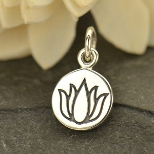 SAVE BIG -Lotus Charm, Small Lotus Charm. Small Sterling Silver Etched Lotus Flower Charm