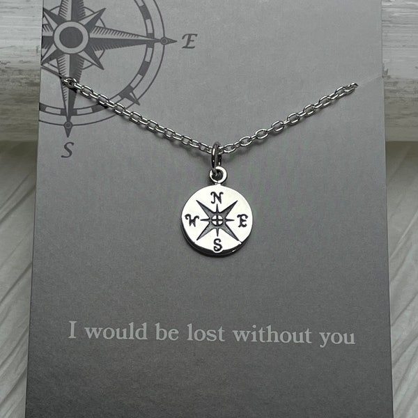 Silver Compass Charm Necklace, Nautical Charm, Carded Necklace, Gift for Friend, Besties, Graduation Gift, Gift for loved One