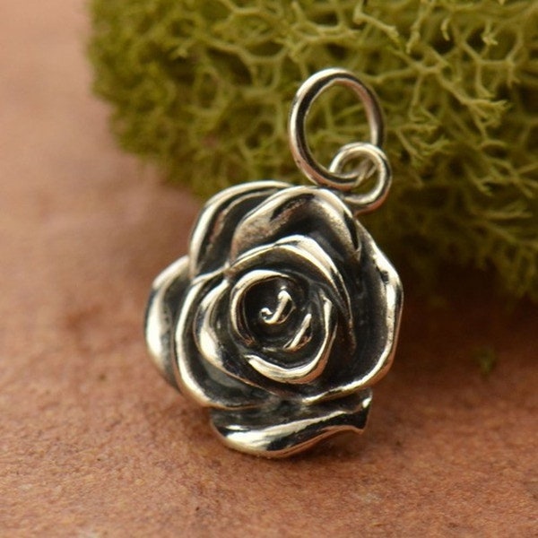 Sterling Silver Rose Charm, Flower Jewelry, Textured Rose Charm, Rose Charm, Nature Gift, Gift for loved One