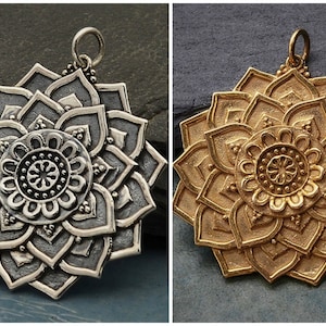 SAVE BIG -Sterling Silver Lotus Mandala Pendant -35mm, Natural Bronze Mandala Pendant - 35mm