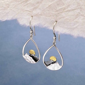 35% Off  Silver Mountain Teardrop Earrings with Bronze Sun, Women's Earrings, Gift Ideas