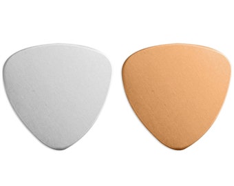 May include: Two guitar picks, one silver and one copper, in a triangular shape.