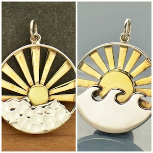 Sterling Silver Mountain Range Pendant with Bronze Sun Rays, Sterling Silver Wave Pendant with Bronze Sun Rays, Mixed Metal Charms