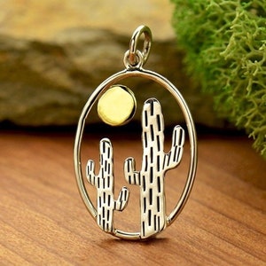 SAVE BIG -Sterling Silver Oval Cactus Pendant with Bronze Sun - Saguaro cacti, Travel, Jewelry Supplies, Desert, Southwest