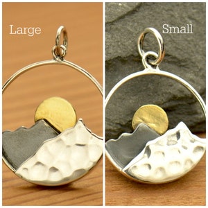 Sterling Silver Mountain Range Pendants with Bronze Sun - Small Charm, Large Pendant, Cheap Shipping Rates, 925 Sterling Silver
