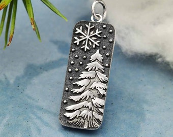 Sterling Silver Snowy Tree and Snowflake Pendant, A4249