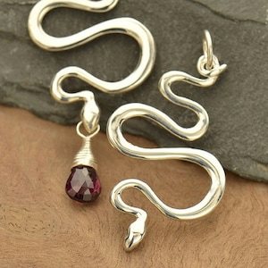 May include: Two silver snake-shaped pendants, one with a dangling purple gemstone. The pendant on the right is a single snake, while the pendant on the left is a coiled snake with a gemstone hanging from its tail.