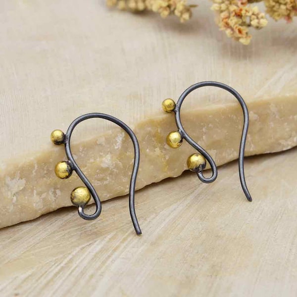 Mixed Metal Black Ear Wires with Bronze Granulation  - Earring Parts, Jewelry Supplies, Earring Hooks