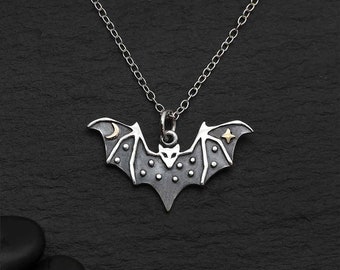 35% Off Sale No Coupon Needed Sterling Silver Bat Necklace with Bronze Star and Moon