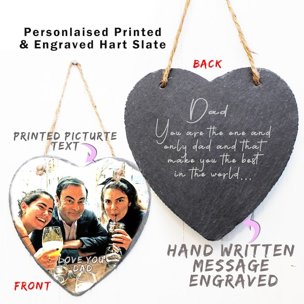 Personalised Photo printed and Engraved heart shape rock natural slate ,Hand written message engraved and photo printed fathers,grandpa gift