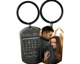 Personalised Photo Printed Back Engraved Keyring, Custom Date Keychain, Picture Printed Tag Calendar Keyring, Keepsake Gift