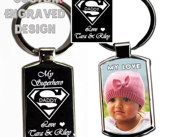 Personalised engraved Photo printed superhero Daddy keyring,Custom engraving Photo engraving,Text Poem Engraving,Mothers ,Granddad Nana gift