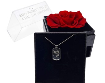 Personalized pendant, Sterling silver jewellery, Mother's Day gift, Rose-themed jewellery, Preserved rose box
