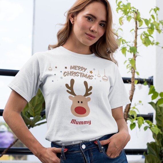 Camiseta personalizada para Navidad cara de reno blanca