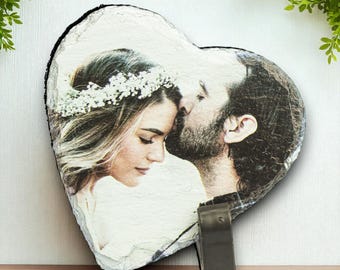 Personalised Heart Rock Slate with Photo Print & Engraving