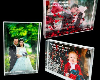 Personalised Glitter Acrylic Photo Frame, Custom 4x6 Picture Frame with Text & Engraving Options, Silver Glitter, Snow Effect or Red Hearts