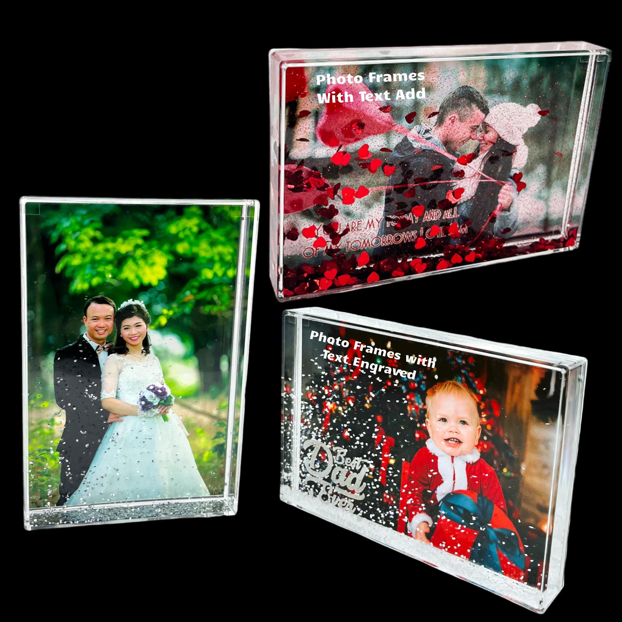 Moldura de acrílico com glitter personalizada, moldura de foto personalizada 4x6 com texto e opções de gravação, glitter prateado, efeito neve ou corações vermelhos