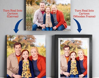 Personalised Cartoon Photo Print – Custom Canvas or Framed Gift for Family, Pets, Couples, A3 A4 20x30cm Wall Art Home Decor