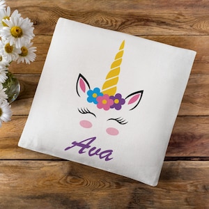 Funda de cojín personalizada, cojín de poliéster blanco, funda de cojín de unicornio personalizada, decoración personalizada del hogar, funda de cojín linda