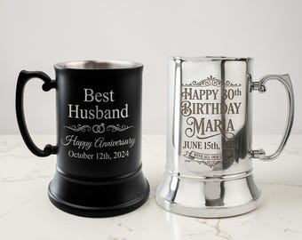 Personalised Stainless Steel Tankard, Custom Engraved Silver & Black Beer Mug, Groomsman Gift, Father's Day, Birthday Gift, 1 Pint Tankard
