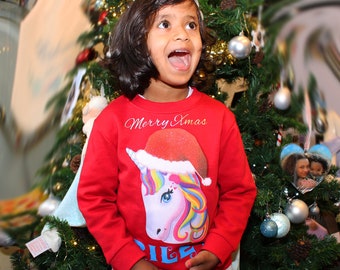 Personalised with Your Name Family Christmas Sweater Jumper Sparkly Glitter Printed Unicorn photo ,Custom Name Jumper School Xmas jumper Day