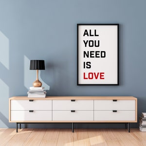 All You Need Is Love - Red and Black - Inspirational Quote Beatles Art Love Quotes Above Bed Art Love is All You Need The Beatles