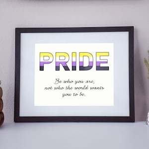 May include: A framed print with the word "PRIDE" in black letters with a yellow, purple, and white striped design. The text below reads "Be who you are, not who the world wants you to be."