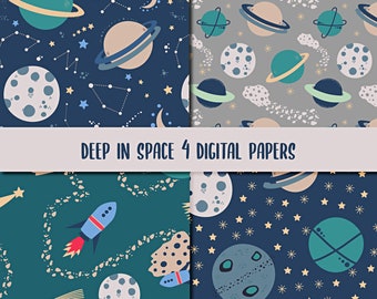 space digital paper, planets scrapbooking paper, instant download, galaxy digital paper, digital background. printable artwork, moon stars