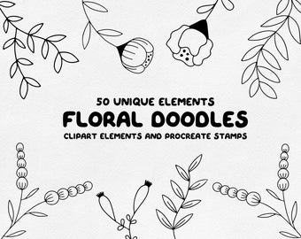 Flower procreate stamps, floral doodle clipart, botanical clipart, procreate stamp set, cottagecore clipart, flower brush, doodle clipart