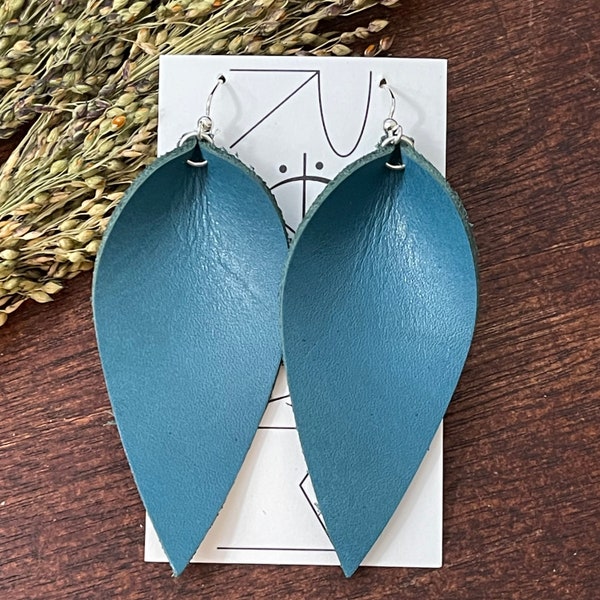 The Topaz Teal Leather Leaf Drop Earrings