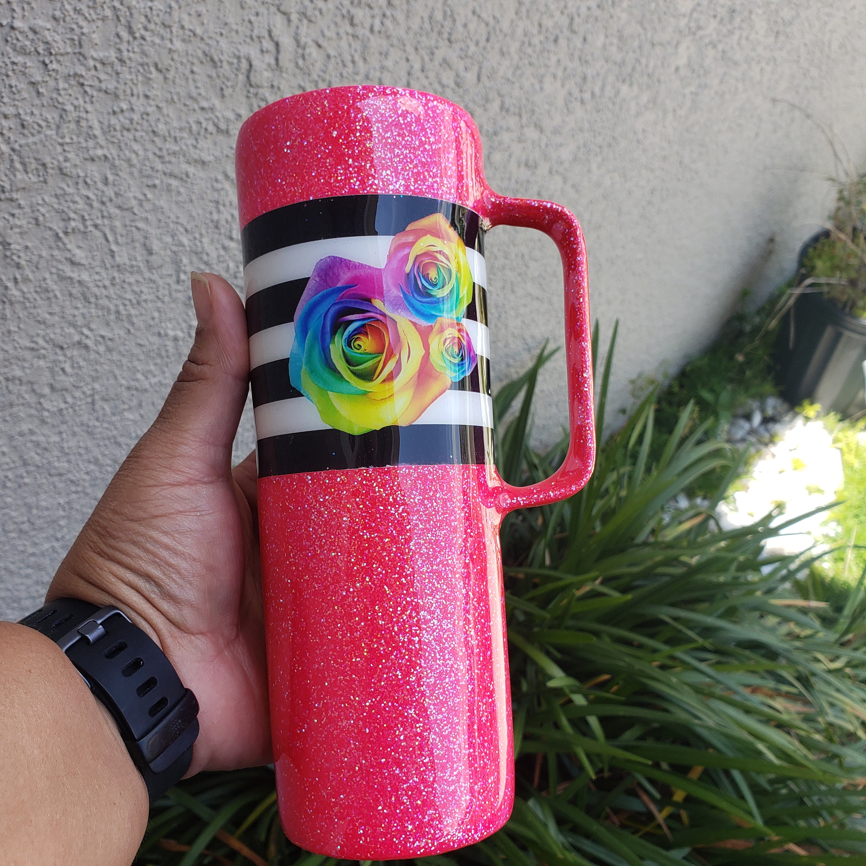 Stripes Floral/glitter Tumbler With Handle Etsy