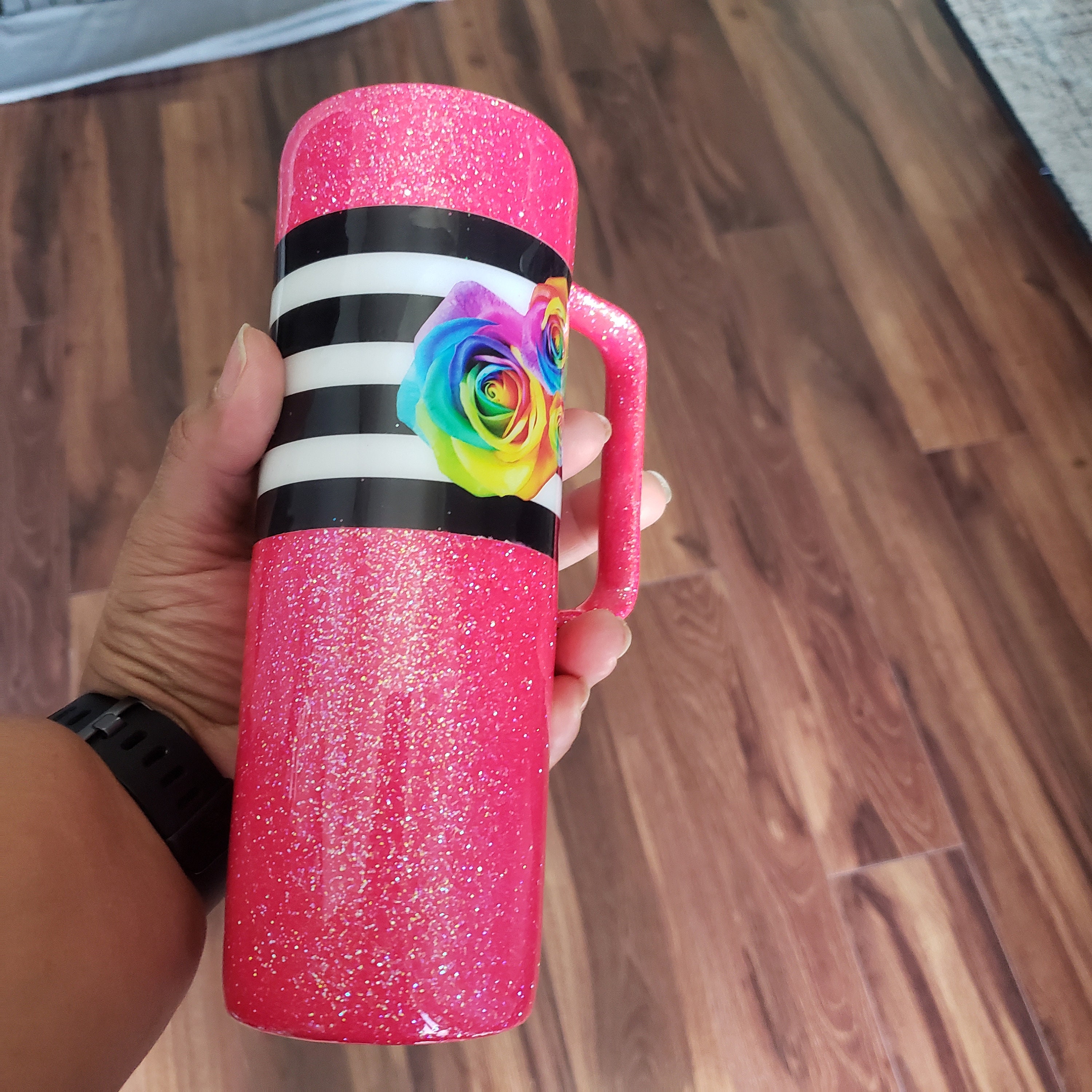 Stripes floral/glitter tumbler with handle Etsy