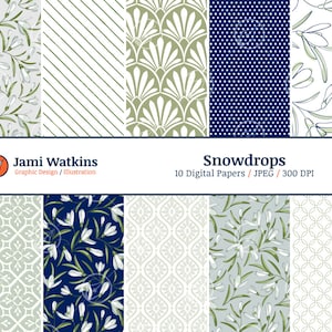 Snowdrops Digital Paper Set (10), Seamless White Winter Flowers Pattern