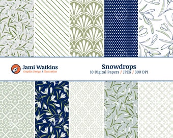 Juego de papel digital con campanillas de invierno (10), patrón de flores blancas de invierno sin costuras