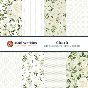 Lot de 8 papiers numériques Charli, motif floral blanc sans couture