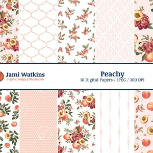 Peachy Digitales Papier Set (10), nahtloses Muster mit Pfirsichen und Blumen