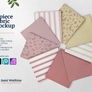 May include: A nine-piece fabric mockup featuring various patterns and colors, including stripes, floral, and polka dots. The color palette includes shades of pink, beige, and white. The image also includes text that says "9-piece Fabric Mockup".