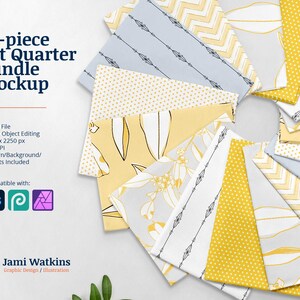 May include: A mockup of a 16-piece fat quarter bundle of fabric featuring a variety of patterns in yellow, white, and gray. The fabric is arranged in a circle, with the edges of each piece overlapping.