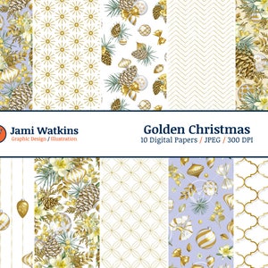 Goldene Weihnachten Digitales Papier Set (10), Winter Urlaub Wallpaper, Tannenzapfen Muster