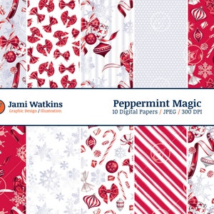 May include: Ten digital paper designs featuring a peppermint and winter holiday theme. The designs include red and white candy canes, red bows, snowflakes, ornaments, and ribbons. The text "Peppermint Magic" is displayed at the top of the image.