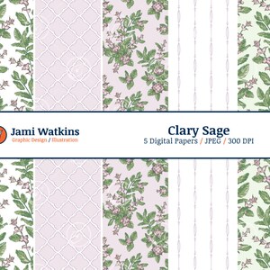 Conjunto de papel digital Clary Sage (5), padrão de óleos essenciais, fundo botânico