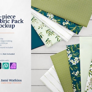 Puede incluir: Maqueta de diez muestras de tela con varios patrones florales y geométricos. Las muestras están dispuestas sobre un fondo de madera blanca. El texto "10-piece Fabric Pack Mockup" está en la parte superior de la imagen. El texto "Patterns Not Included" está debajo de las muestras de tela. El texto "Compatible with: PsP" está debajo del texto "Patterns Not Included".