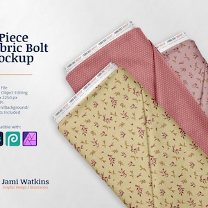 May include: Three fabric swatches, each with a different pattern. The first swatch is a light pink with a small white dot pattern. The second swatch is a light yellow with a small brown leaf pattern. The third swatch is a light pink with a small brown leaf pattern. The swatches are arranged in a stack, with the pink dot pattern on top.