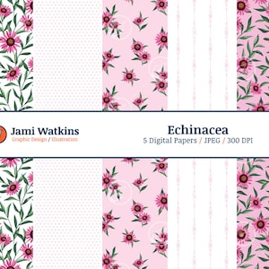 Conjunto de papel digital Echinacea (5), padrão de óleo essencial, floral, margarida, botânico, fundo