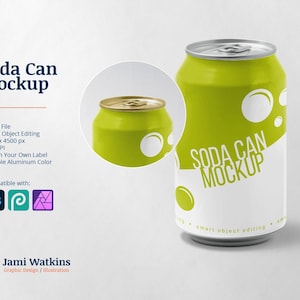 Soda Can PSD Mockup Template, Photoshop Smart Object Editing