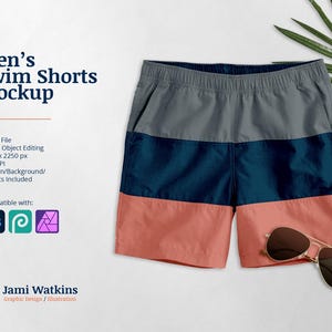 Men&#39;s Colorblock Swim Shorts PSD Mockup Template, Photoshop Smart Object Editing