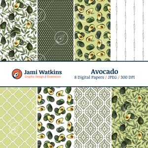 Avocado Digitales Papier Set (8), nahtlose Avocado Muster