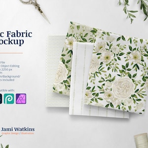 May include: Four fabric swatches with different patterns, including a white floral pattern, a white polka dot pattern, a white striped pattern, and a solid white pattern. The swatches are arranged in a square shape on a white surface. The text "4pc Fabric Mockup" is written in black at the top of the image.