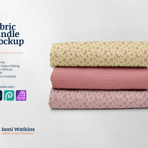 May include: A mockup of three fabric swatches stacked on top of each other. The top swatch is a pale yellow fabric with a small floral pattern. The middle swatch is a pale pink fabric with a small polka dot pattern. The bottom swatch is a pale pink fabric with a small floral pattern. The text "Fabric Bundle Mockup" is visible in the top left corner of the image.